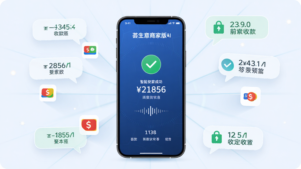 荟生意商家版AI智能收款功能展示图,画面主体为手机屏幕显示收款成功界面,周围环绕多种支付图标与到账提示气泡,布局采用中心辐射式,风格科技感与商务感结合,细节包含绿色对勾、金额数字、语音波纹等元素,画质清晰,干净,无多余元素