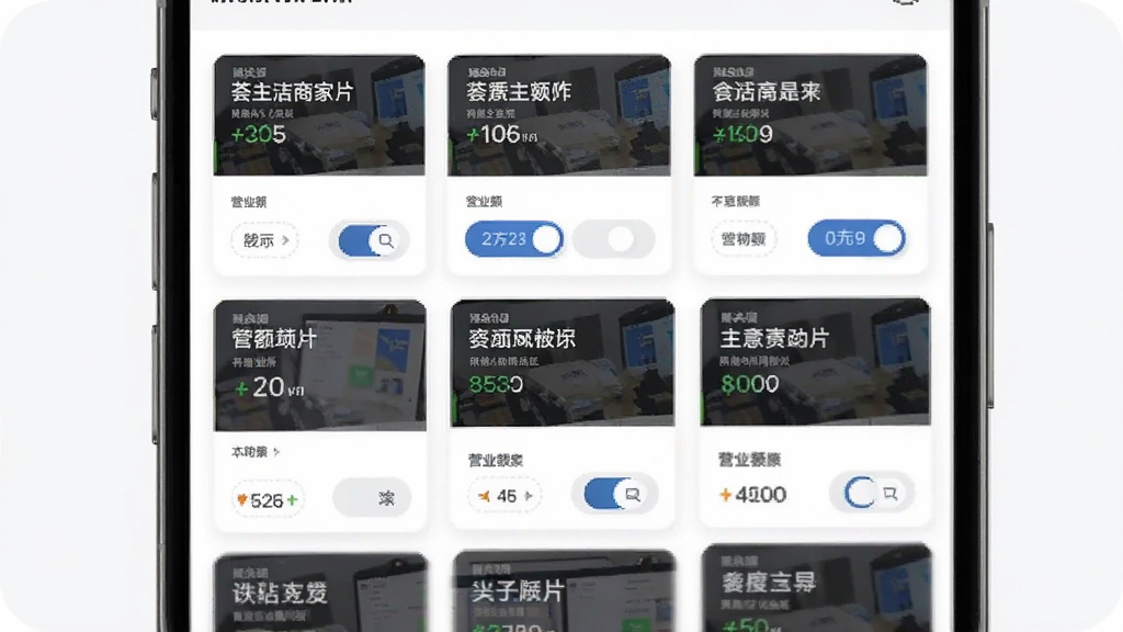 荟生意商家版多店铺协同管理界面,画面展示手机屏幕内多个店铺卡片并列排列,布局为网格状,风格商务简约,细节包含店铺名称、营业额数字、切换按钮等元素,画质清晰,干净,无多余元素