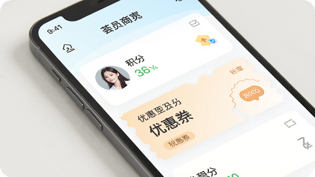 荟生意商家版会员营销管理界面,画面展示手机屏幕内会员列表与优惠券卡片,布局为上下结构,风格清新柔和,细节包含头像、积分数字、优惠券标签等元素,画质清晰,干净,无多余元素