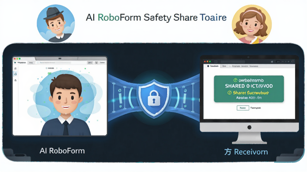 一张展示AI RoboForm安全共享功能的示意图,画面中有两个人物头像通过一条加密通道连接,通道中间有一个盾牌图标,两侧分别显示发送方和接收方的设备界面,界面中显示共享成功的提示,整体风格友好且专业,画质清晰干净