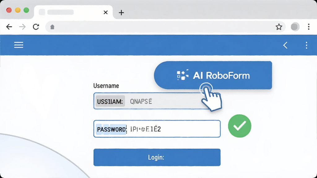 一幅AI RoboForm自动填充功能的示意图,画面展示一个浏览器页面上的登录表单,AI RoboForm的悬浮按钮正被点击,表单中的用户名和密码字段自动填充完成,旁边有一个绿色对勾标识表示填充成功,界面风格简洁现代,色彩以蓝白为主,画质清晰干净