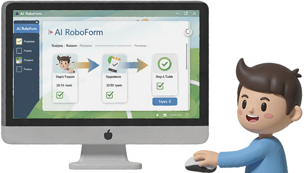 一张AI RoboForm新手操作引导示意图,画面展示电脑屏幕上AI RoboForm的设置向导界面,界面中有清晰的步骤指示箭头和勾选框,旁边有一个卡通人物形象正在操作鼠标,整体风格轻松友好,色彩明亮,画质清晰干净