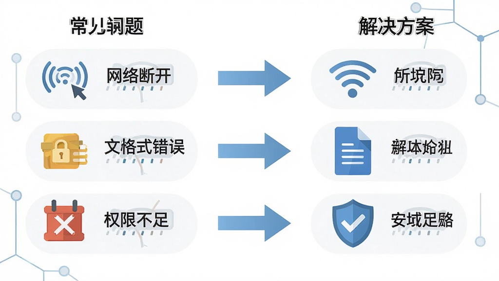 Send to Kindle for PC 新手避坑指南示意图,画面以信息图形式展示,左侧是常见问题图标如网络断开、文件格式错误、权限不足等,右侧是对应的解决方案图标如 Wi-Fi 信号、文档图标、盾牌图标,中间用箭头连接,整体布局清晰,风格扁平化信息图,细节包括问题图标和解决图标,画质高清,干净,无多余元素