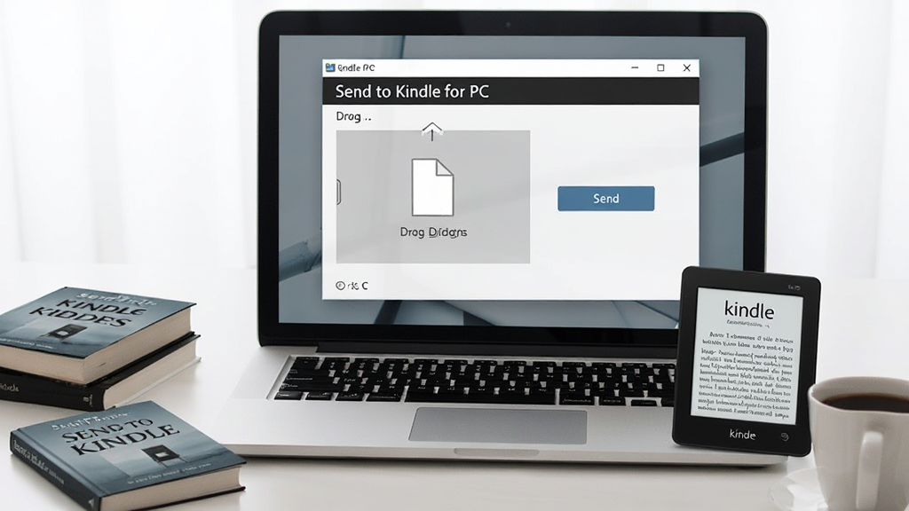 Send to Kindle for PC 软件主界面展示,一台笔记本电脑屏幕上显示着 Send to Kindle for PC 软件窗口,窗口内有文件拖拽区域和发送按钮,旁边放着一台 Kindle 电子书阅读器,桌面上散落着几本电子书和一杯咖啡,整体布局清晰,风格简洁现代,细节包括软件界面上的图标和文字,画质高清,干净,无多余元素
