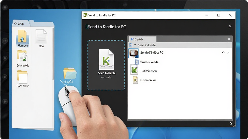 Send to Kindle for PC 拖拽式操作界面,画面显示电脑屏幕上的 Send to Kindle for PC 软件窗口,一只手用鼠标将文件从左侧文件夹拖拽到软件窗口的虚线区域,窗口内显示待发送文件列表,整体布局清晰,风格简洁明快,细节包括鼠标光标和文件图标,画质高清,干净,无多余元素