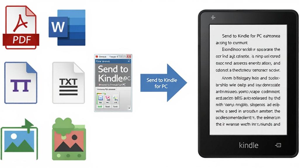 Send to Kindle for PC 多格式兼容转换示意图,画面左侧是多种文件格式图标如 PDF、Word、TXT、图片等,中间是 Send to Kindle for PC 软件的转换箭头,右侧是 Kindle 设备上显示排版整齐的电子书页面,整体布局从左到右,风格扁平化设计,细节包括格式图标和转换箭头,画质高清,干净,无多余元素