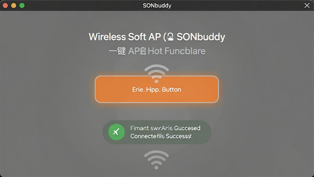 一张展示无线软AP(SONbuddy)一键开启热点功能的图片,主体是软件界面中醒目的开启按钮,布局为按钮居中,排版简洁,风格为扁平化设计,细节包括按钮高亮状态、无线信号图标、连接成功提示,画质高清,干净,无多余元素