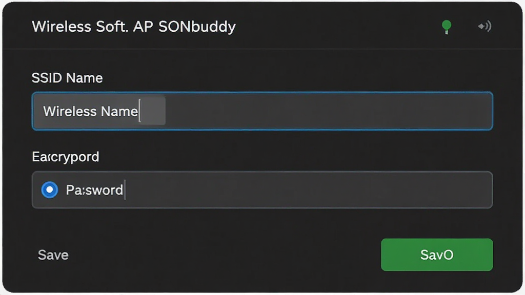 一张展示无线软AP(SONbuddy)网络设置界面的图片,主体是SSID名称和密码输入框,布局为表单式排列,排版整齐,风格为现代UI风格,细节包括输入框、加密选项、保存按钮,画质高清,干净,无多余元素