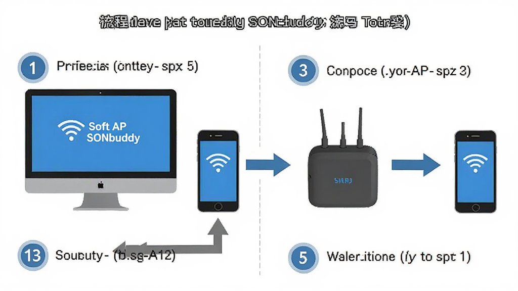 一张展示无线软AP(SONbuddy)使用教程的图片,主体是电脑和手机连接操作的步骤图,布局为左右分栏,排版为流程图形式,风格为教程插图风,细节包括步骤序号、箭头指引、设备图标,画质高清,干净,无多余元素