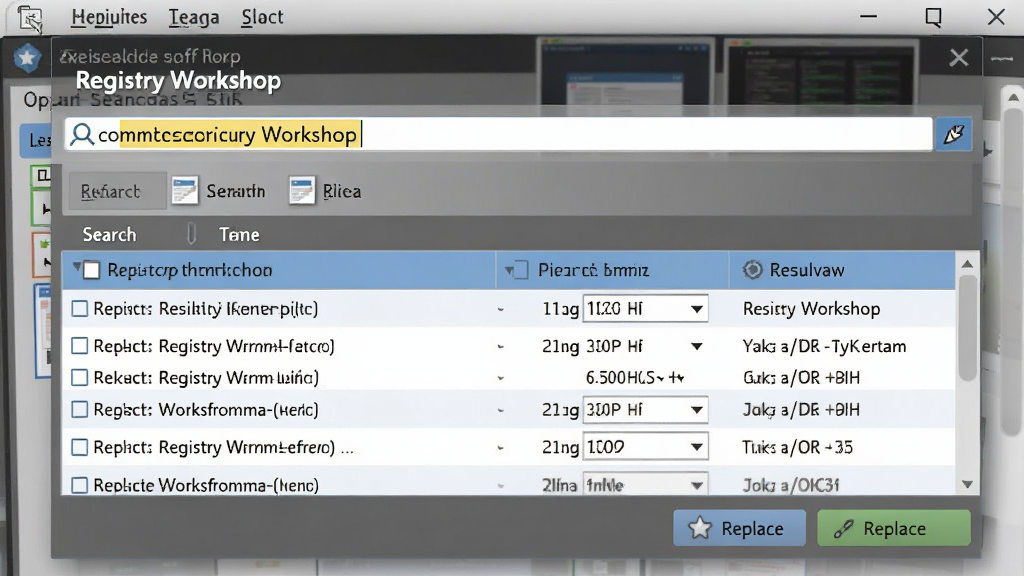 һ��չʾ Registry Workshop ���������Ի�������������б���ͼƬ�������������ؼ��ʸ�����ʾ������б��������У�����Ϊ�������棬���רҵ��ϸ�ڰ�������ѡ����滻��ť�������������޶���Ԫ�أ��Ű���������
