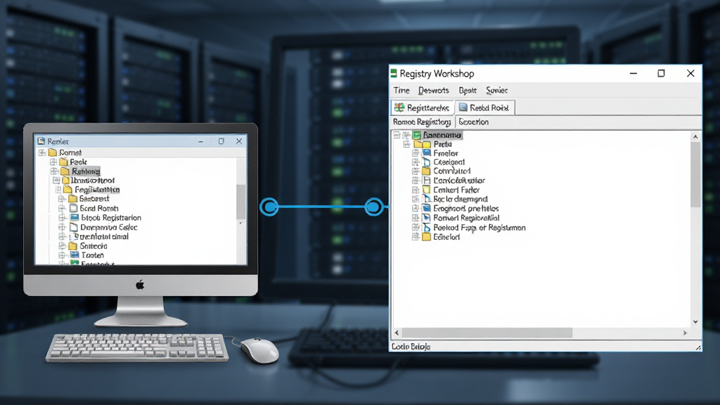 һ��չʾ Registry Workshop ��������Զ�̼����ע�������������ʾ��ͼ�������а������ص�����Զ�̵��Ե������ߣ�������ʾԶ��ע�����������Ϊ��������������������Ƽ���ϸ�����������ʸɾ����޶���Ԫ�ء�