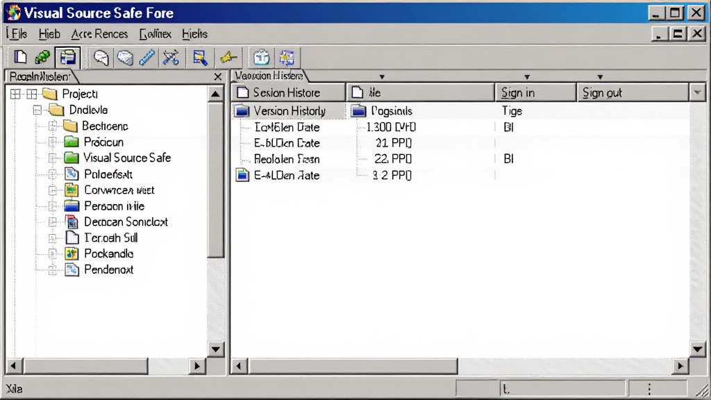 一张展示 Visual SourceSafe 软件界面的图片,主体为经典 Windows 风格窗口,布局包含左侧项目树状目录和右侧文件列表,排版整齐清晰,风格为软件截图写实风,细节包含版本历史记录图标和签入签出按钮,画质清晰干净无多余元素