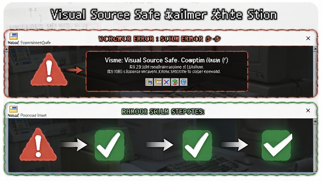 一张展示 Visual SourceSafe 故障排查流程的图片,主体为电脑屏幕显示错误提示和解决步骤,布局为上下结构上方为问题下方为方案,排版清晰分步,风格为信息图表设计风,细节包含红色警示图标和绿色对勾图标,画质清晰干净无多余元素