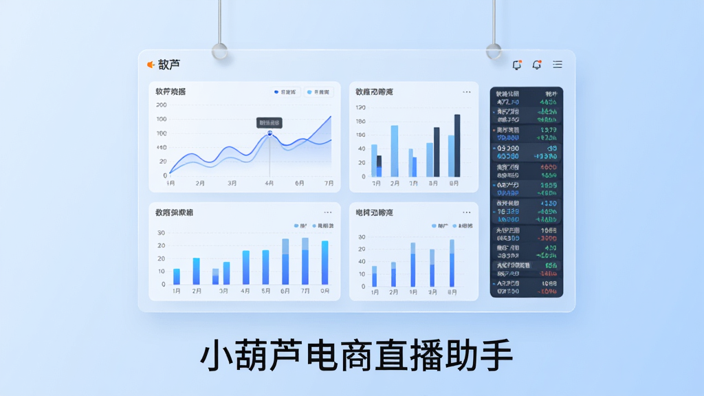 一幅AI生成的软件功能展示图,画面主体为一块悬浮的半透明数据面板,面板上显示折线图、柱状图和实时滚动的数字,面板下方有“小葫芦电商直播助手”字样,背景为浅蓝色渐变,风格简洁商务,细节清晰,画质干净,无多余装饰元素