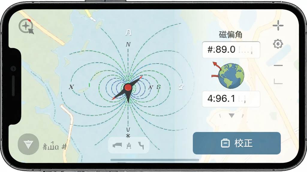 精准罗盘指南针磁偏角校正设置界面,主体为手机屏幕显示地图定位点与磁偏角数值输入框,布局为上下结构,风格为简洁工具风,细节包含地球磁场示意图与校正按钮,画质清晰,干净,无多余元素