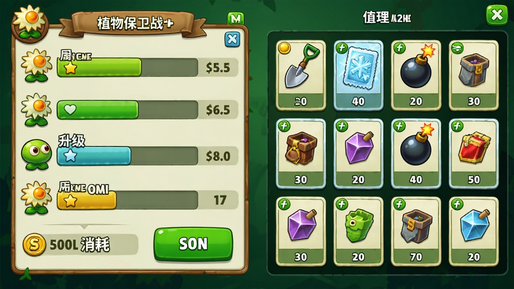 植物保卫战道具与升级界面图,画面中展示植物升级面板和道具背包界面,左侧是植物属性升级条和金币消耗显示,右侧是各种道具卡片排列,包括阳光铲、冰冻卡、炸弹卡等,背景为深绿色渐变,布局采用左右分栏,风格为卡通游戏UI,细节包括道具图标精致、升级按钮醒目、数值清晰,画质高清,干净无多余元素