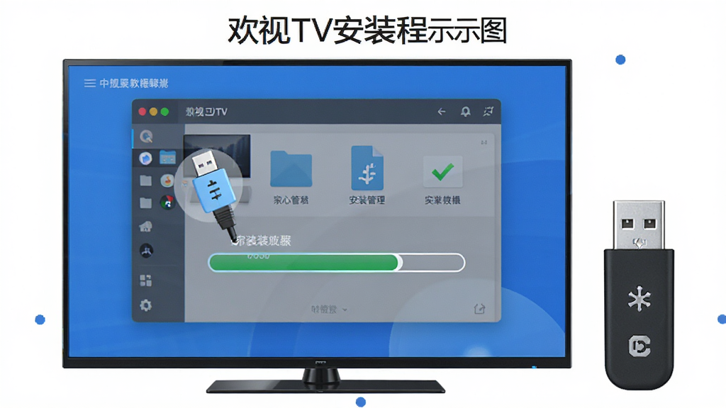 欢视TV安装教程示意图,画面主体为电视屏幕与U盘,屏幕中显示文件管理器安装界面,布局为步骤分解图,风格简洁教程风,细节包含U盘图标与安装进度条,画质清晰干净无多余元素