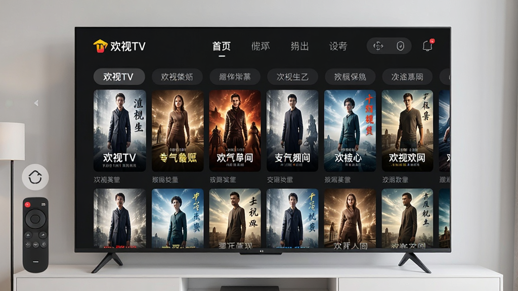 一张展示欢视TV软件界面的图片,主体为客厅智能电视大屏,屏幕中显示欢视TV应用首页,布局为顶部导航栏与下方影视海报网格,排版整齐,风格为现代科技感UI设计,细节包含遥控器图标与频道分类标签,画质清晰干净无多余元素