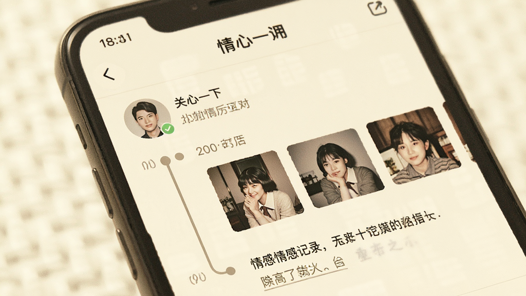 一张手机屏幕展示“关心一下”软件的情感记录页面,页面上有联系人头像、互动时间线、照片缩略图和文字备注,背景是淡雅的米白色,整体风格温馨怀旧,画质细腻,无杂乱元素