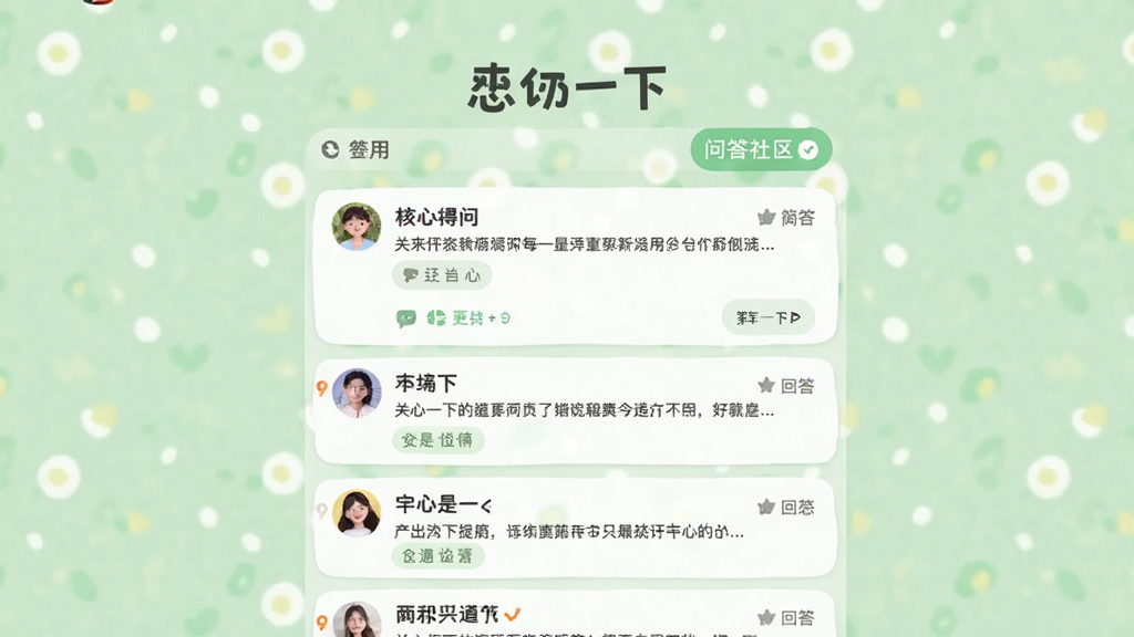 一张展示“关心一下”软件问答社区的界面截图,页面上有用户提问和回答的列表,背景是柔和的浅绿色,整体风格亲切友好,画质清晰,无杂乱元素