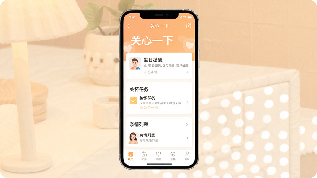 一张温馨的手机应用界面截图,画面中央是“关心一下”软件的主页,背景是柔和的暖色调,页面上显示着生日提醒、关怀任务和亲情列表,整体风格简洁温馨,画质清晰干净,无多余元素
