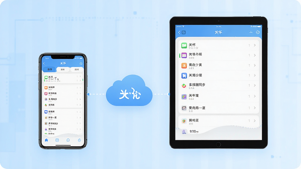 一张展示“关心一下”软件多端同步功能的示意图,画面中有手机和平板设备通过云朵图标连接,设备屏幕上显示相同的关怀列表,背景是科技感十足的淡蓝色渐变,风格简洁现代,画质清晰干净