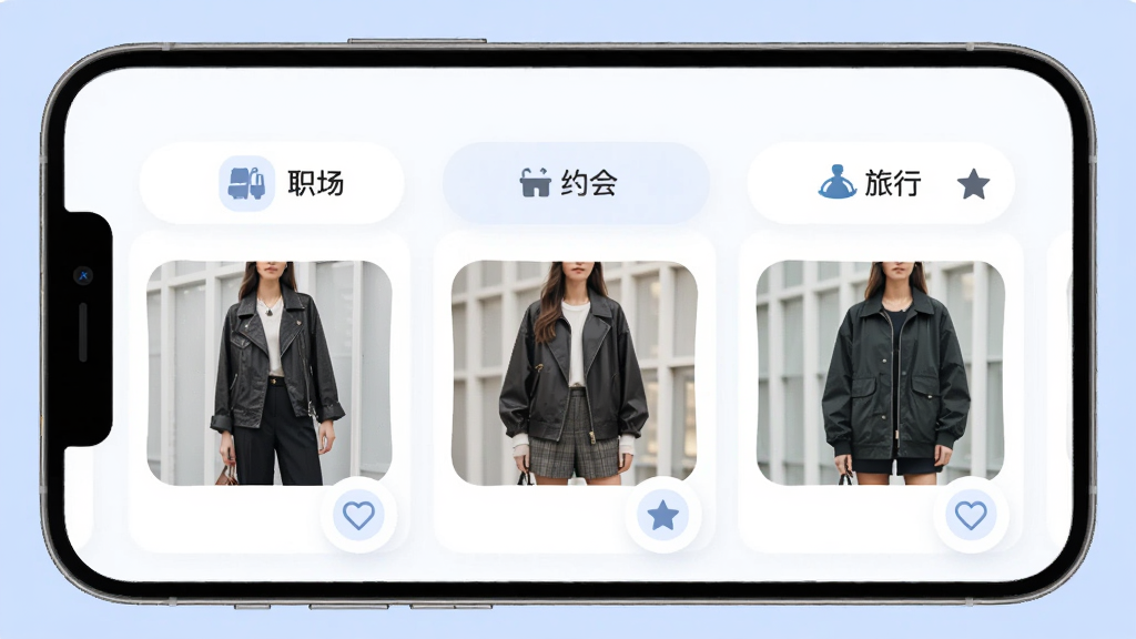 好运穿搭软件内多场景搭配方案页面,画面主体是手机屏幕,屏幕中显示职场、约会、旅行三个场景标签与对应穿搭缩略图,背景为浅蓝色,布局采用网格排列,排版整齐,风格为柔和圆角,细节包括场景图标、衣物缩略图、收藏按钮,画质高清,干净,无多余元素。