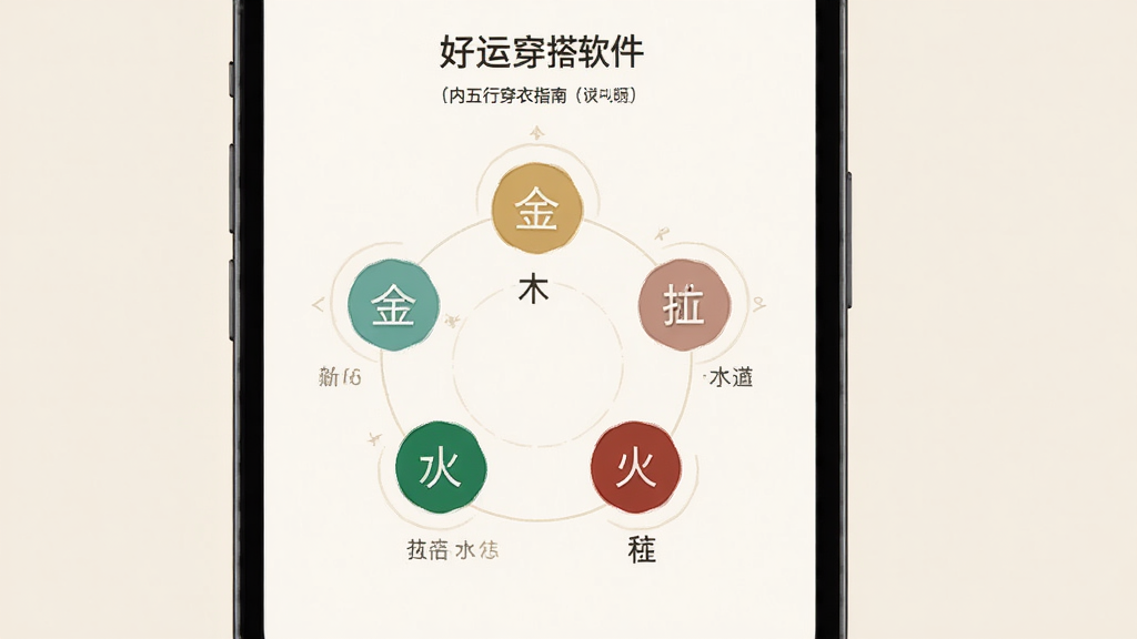 好运穿搭软件内五行穿衣指南页面,画面主体是手机屏幕,屏幕中显示五行图标与对应颜色圆环,背景为淡雅的米色,布局采用环形排列,排版简洁,风格为素雅极简,细节包括金木水火土文字标签、颜色色块、说明文字,画质高清,干净,无多余元素。