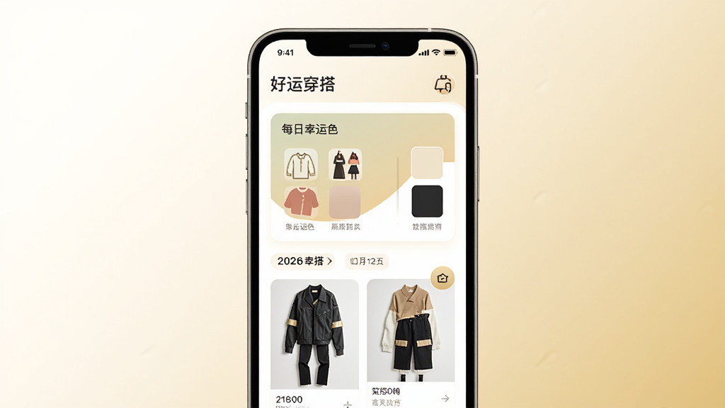 一款名为好运穿搭的手机应用界面展示,画面中央是手机屏幕,屏幕内显示每日幸运色卡片和穿搭搭配图,背景是柔和的米白色与浅金色渐变,布局采用居中对称方式,排版干净利落,风格为现代简约扁平化,细节包括衣物图标、颜色色块、日期标签,画质高清,干净,无多余元素。