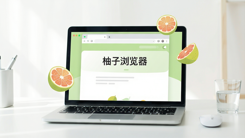 画面中央放置一台打开的笔记本电脑,屏幕中显示简洁的浏览器首页界面,页面顶部写有“柚子浏览器”字样,浏览器窗口周围漂浮着柚子切片的清新插画元素,整体采用浅绿色与白色搭配的现代扁平风格,桌面整洁,仅有鼠标和一杯水,光线柔和明亮,画质清晰,干净,无多余元素