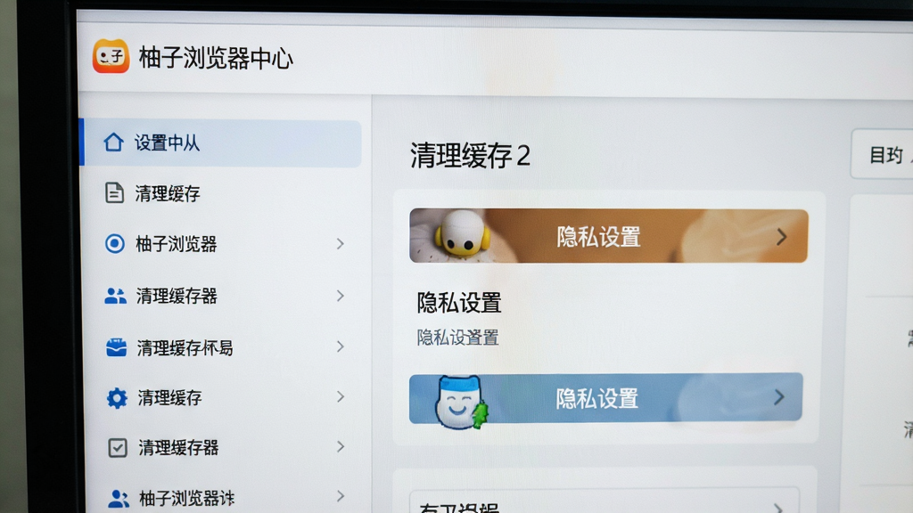 一张电脑屏幕特写照片,屏幕中展示“柚子浏览器”的设置中心页面,页面左侧为功能菜单列表,右侧显示清理缓存与隐私设置的选项按钮,界面风格清爽,浅色背景,文字清晰可辨,画质干净,无多余元素