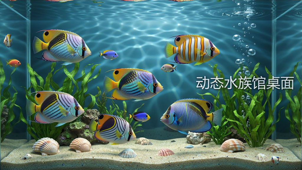 一张高清电脑桌面截屏,画面主体是一个逼真的动态水族馆场景,屏幕中游动着多条色彩斑斓的热带鱼,底部有细沙、贝壳和随水流摆动的绿色水草,画面右侧显示软件名称“动态水族馆桌面”的半透明水印,布局为全屏显示,风格为写实3D渲染,细节包括鱼鳞反光、水波折射和气泡上升效果,画质为4K超高清,画面干净无多余图标,无杂乱元素