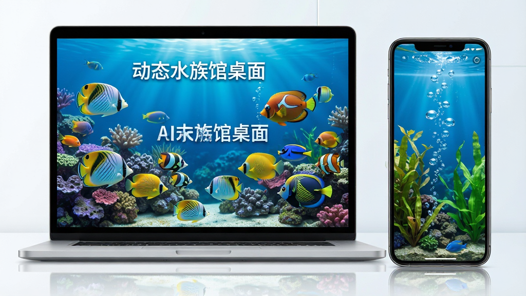 AI生图,主体是一台笔记本电脑屏幕显示“动态水族馆桌面”运行画面,旁边有一部智能手机显示同款水族馆壁纸的手机版界面,布局为左右对比展示,排版为产品展示风格,风格为清新明亮的科技感,细节包括电脑屏幕中的热带鱼和手机屏幕中的水草气泡,画质为4K高清,画面干净无多余文字,无复杂背景元素