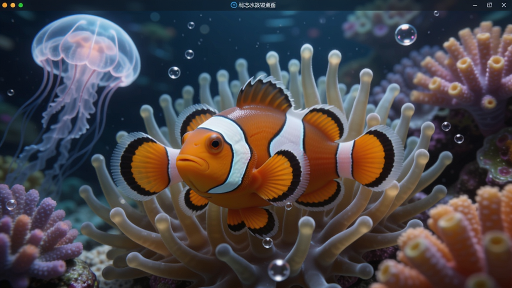 AI生图,主体是“动态水族馆桌面”软件中的水下生态模拟画面,布局为近景特写,画面中央有一条小丑鱼正在海葵中穿梭,周围有半透明的水母和彩色珊瑚,排版为横向宽屏比例,风格为超写实数字绘画,细节包括鱼体表黏液反光、海葵触手纹理和悬浮的微小气泡,画质为8K超高清,画面干净无文字水印,无多余装饰元素