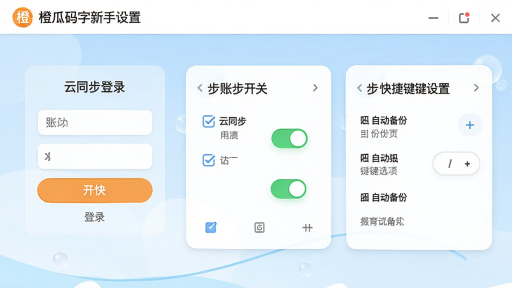 橙瓜码字新手设置界面,画面展示账号登录、云同步开关、自动备份选项与快捷键设置面板,风格为清新引导风,排版分步清晰,细节包括勾选框、开关按钮、文字说明,画质高清,干净无多余元素