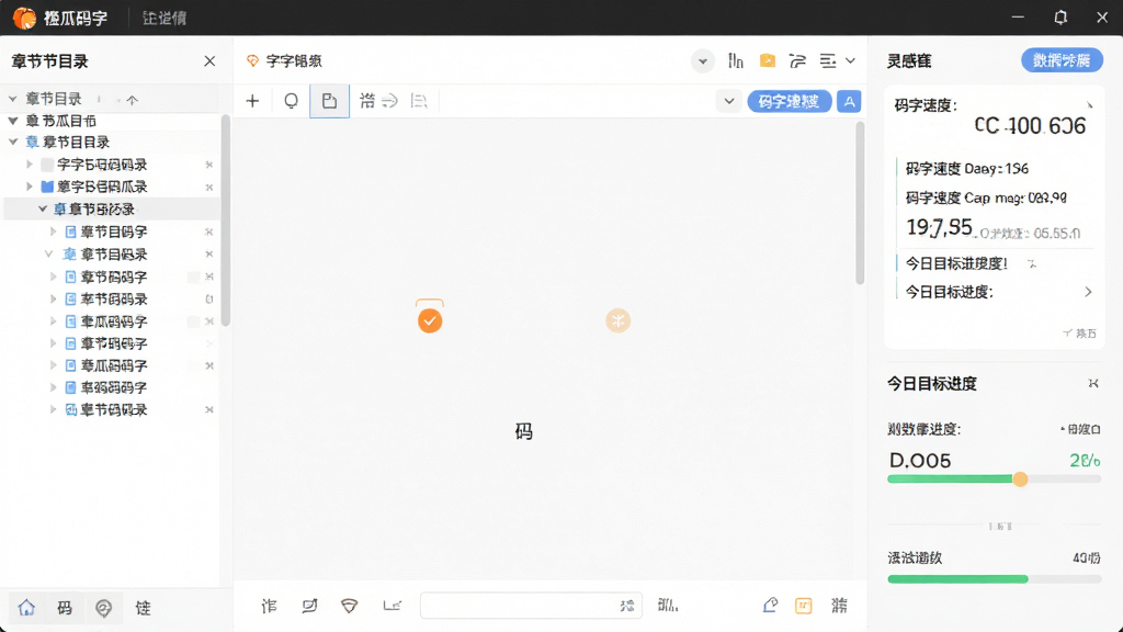 橙瓜码字软件主界面全貌展示,画面中央是简洁的码字编辑区域,左侧为章节目录树,右侧为灵感便签与数据统计面板,整体布局清晰,排版整齐,风格为现代简约科技风,细节包括字数统计、码字速度、今日目标进度条,画面干净明亮,画质高清,无多余元素