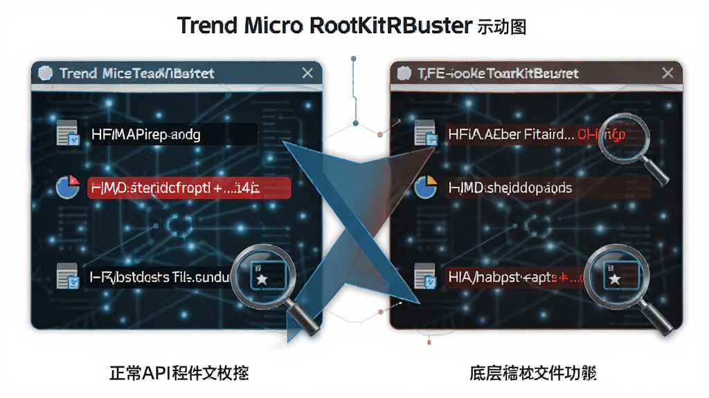 Trend Micro RootkitBuster �����ļ���⹦��ʾ��ͼ������Ϊ������ͼ�Ա�ԭ��ͼ�����������¶Ա���ʽչʾ����APIö����ײ�ö�ٵĲ��죬���Ϊ�Ƽ���Ϣͼ��ϸ�ڰ��������Ϊ��ɫ�������ļ�·����Ŵ�ͼ�꣬���ʸ��壬�ɾ����޶���Ԫ��