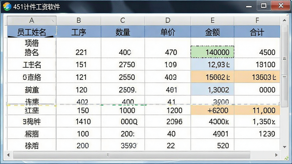 一张展示451计件工资软件自动核算工资功能的图片,画面主体是软件界面中的工资核算表格,表格中包含员工姓名、工序、数量、单价、金额、合计等列,部分单元格有高亮显示计算结果,布局为居中的表格视图,风格为简洁数据风,细节包括数字清晰、表头明确、软件名称