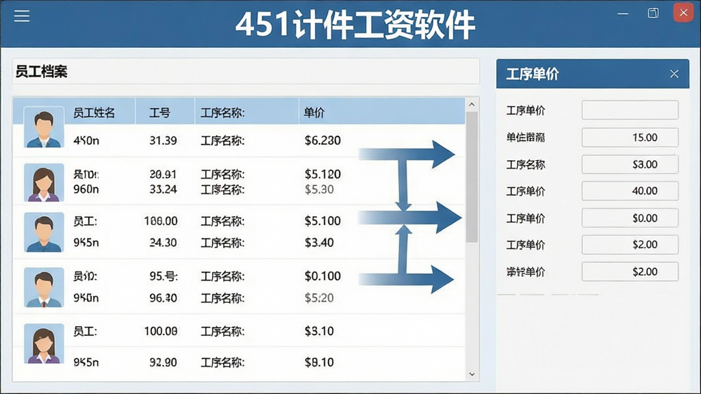 一张展示451计件工资软件员工与工序信息管理功能的图片,画面主体是软件界面截图风格的插图,左侧为员工档案列表,右侧为工序单价设置面板,中间有数据关联的箭头示意,布局为左右分栏,风格为扁平化商务风,细节包括员工姓名、工号、工序名称、单价数字,界面顶部有