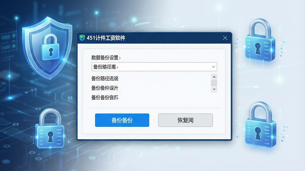 一张展示451计件工资软件数据备份与安全保护功能的图片,画面主体是软件界面中的数据备份设置窗口,窗口中有备份路径选择、备份按钮、恢复按钮,背景有盾牌和数据锁的图标元素,布局为居中对话框,风格为安全科技风,细节包括按钮文字清晰、图标简洁、软件名称