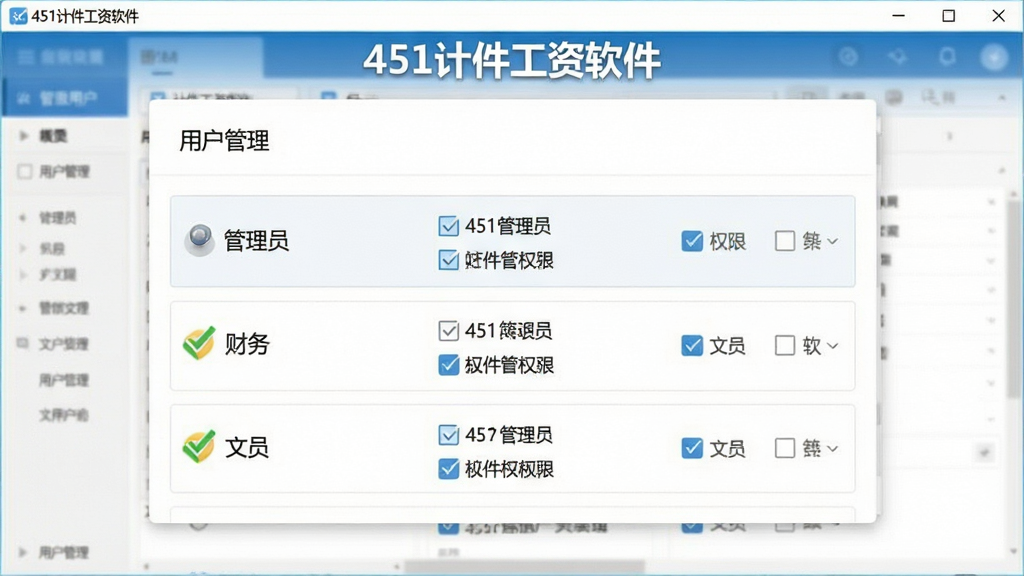 一张展示451计件工资软件多用户与权限管理功能的图片,画面主体是软件界面中的用户管理面板,面板中列出不同角色如管理员、财务、文员,每个角色旁边有权限勾选项,布局为居中的设置面板,风格为简洁管理风,细节包括角色名称、权限复选框、软件名称