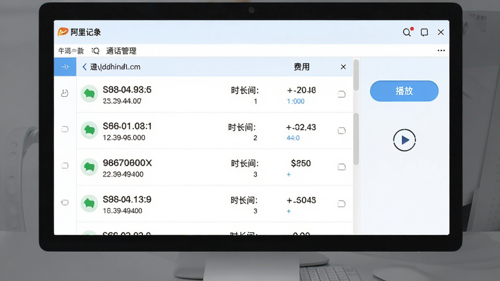 阿里通电话通话记录与录音管理界面图,画面展示软件内的通话记录列表,每条记录包含号码、时长和费用信息,右侧有录音播放按钮,界面风格清爽素雅,以白色和浅蓝色为主色调,画质细腻,布局规整