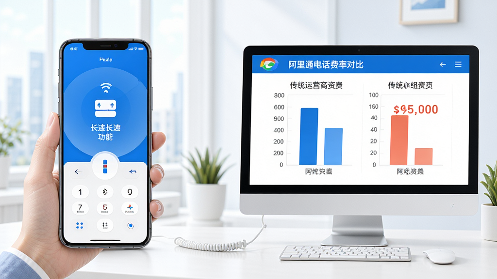 阿里通电话超低资费通话功能展示图,画面左侧为手机拨打长途电话的场景,右侧为电脑屏幕上显示的阿里通电话费率对比图表,图表中用柱状图展示与传统运营商资费的差异,整体风格清新明亮,色调以蓝白为主,画面干净整洁