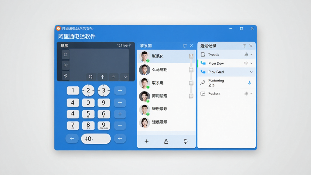 阿里通电话软件主界面预览图,画面中央展示一款蓝色调的电脑端网络电话软件窗口,窗口内包含数字拨号键盘、联系人列表和通话记录三个主要区域,界面干净整洁,背景为浅灰色渐变,风格简约商务,画质清晰,无多余元素