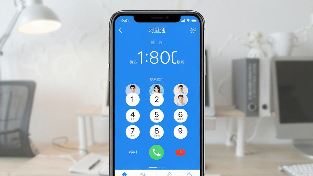 阿里通电话移动端操作界面示意图,画面展示手机屏幕上的阿里通电话应用界面,包含拨号盘和联系人列表,界面风格简洁清爽,以蓝色和白色为主色调,画面干净无多余装饰
