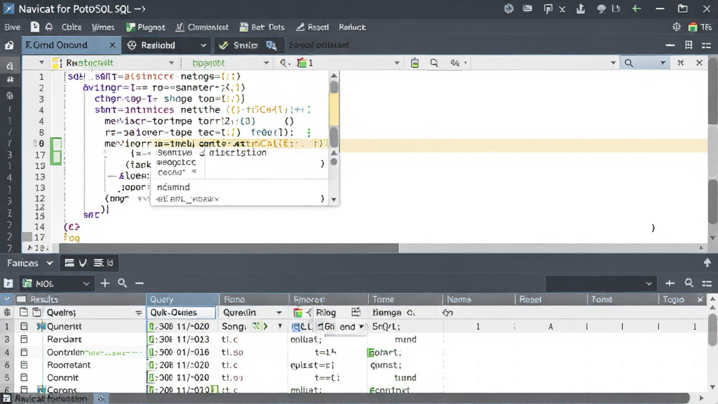 一张展示 Navicat for PostgreSQL SQL 编辑器界面的图片,画面中显示着带有语法高亮和自动补全提示的 SQL 代码,下方是查询结果网格,风格为专业开发工具界面,布局合理,细节清晰,画质高清,界面干净,无多余元素。