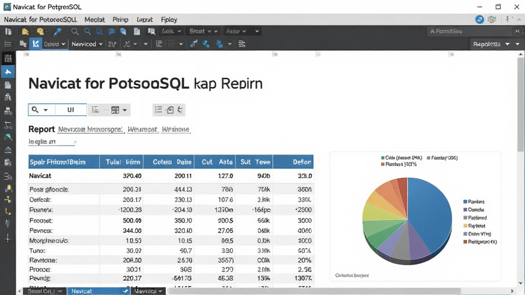 一张展示 Navicat for PostgreSQL 报表设计界面的图片,画面中是一个正在编辑的报表布局,包含标题、数据表格和饼状图,风格为专业报表工具界面,布局美观,细节清晰,画质高清,界面干净,无多余元素。