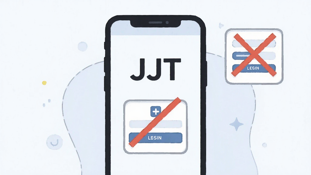 一张表达JJT无需注册即可使用的概念插画,主体为一部手机屏幕显示JJT主界面,旁边有一个被划掉的账号登录框图标,布局为手机居中、图标环绕,风格为简约扁平插画,细节包括手机屏幕上的“JJT”字样、划掉的登录框用红色斜线表示、背景为浅色,画质清晰,干净,无多余元素
