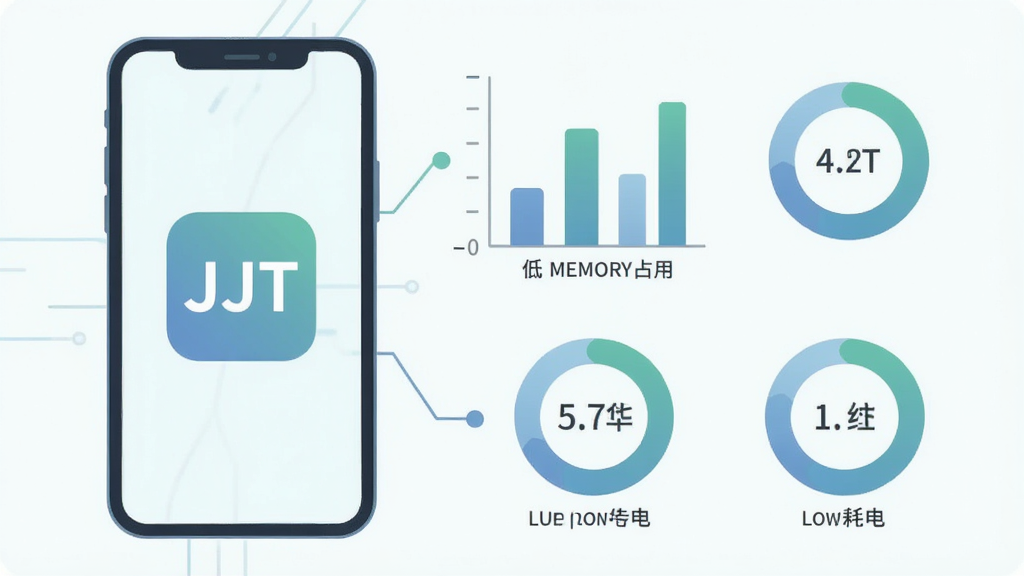 一张表现JJT轻量运行概念的示意图,画面主体为一部手机和一组抽象的数据指标图形,手机屏幕显示“JJT”应用图标,旁边用简单的柱状图和环形图示意低内存占用与低耗电,布局为左右分栏,左侧手机右侧图表,风格为科技感扁平插画,细节包括柔和的蓝绿色调、简洁的刻度线、无复杂背景,画质清晰,干净,无多余元素