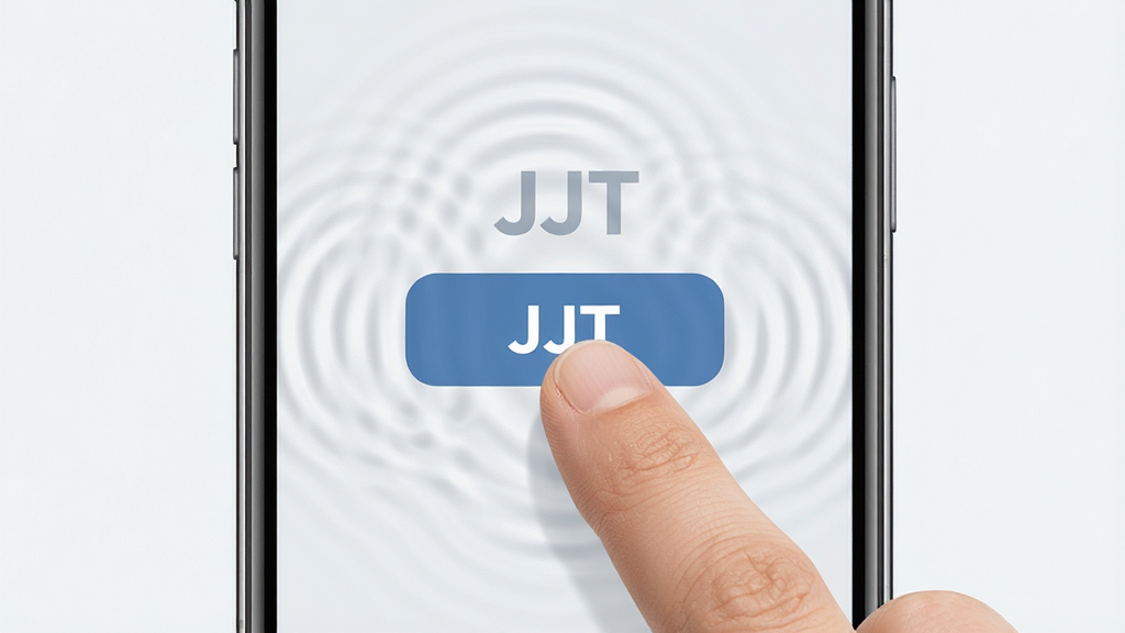 一张展示JJT快速响应的概念图,主体为手机屏幕中手指点击功能按钮的瞬间,屏幕表面带有轻微的触控波纹效果,布局为居中特写,风格为写实与扁平结合,细节包括手指的肤色自然、按钮带有“JJT”字样、背景简洁无杂物,画质清晰,干净,无多余元素